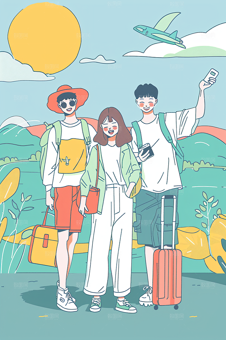 扁平风旅游踏青山野插画