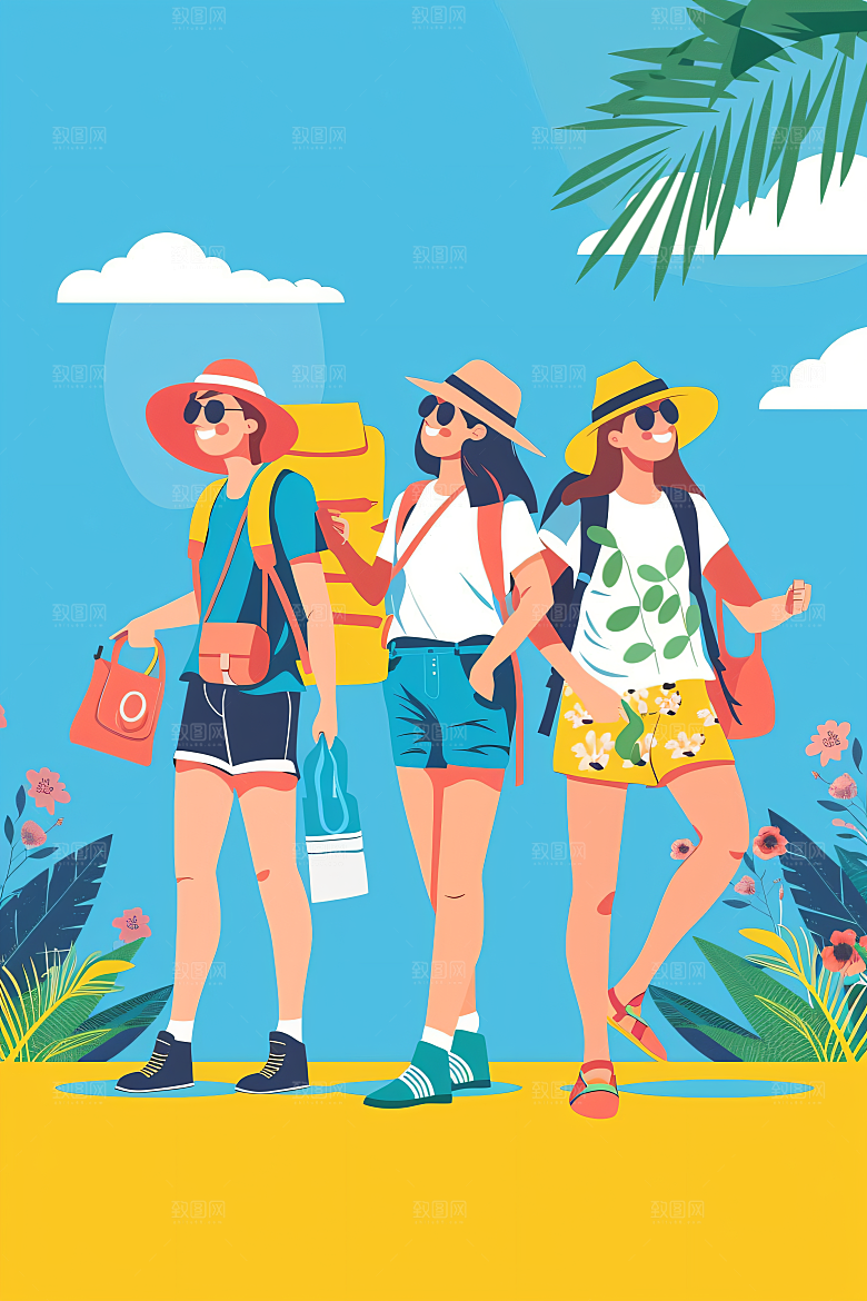 扁平风旅游露营手绘插画