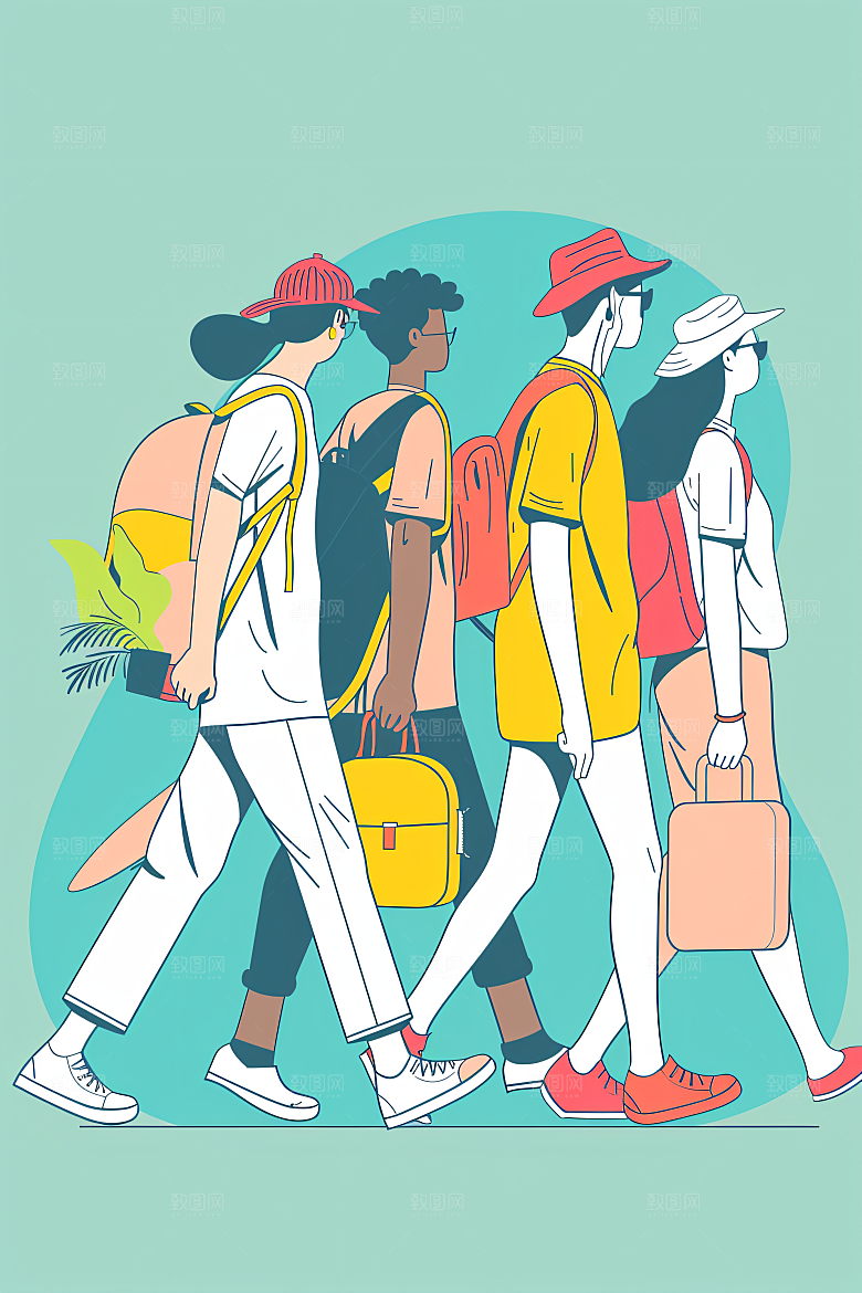 扁平风旅游旅行徒步插画