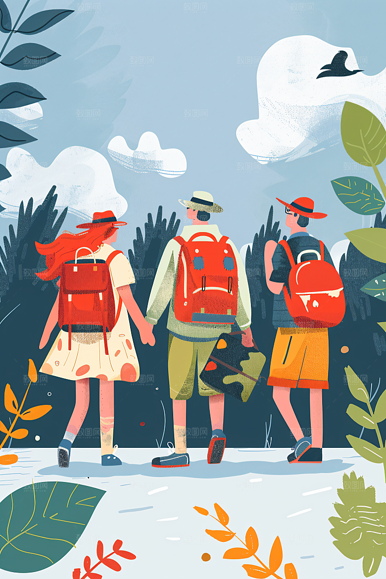 扁平风旅游氛围感旅行插画