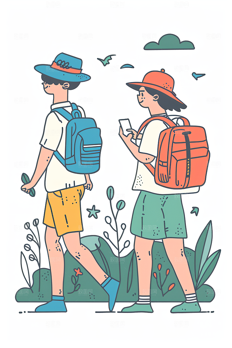 扁平风旅游清新手绘插画