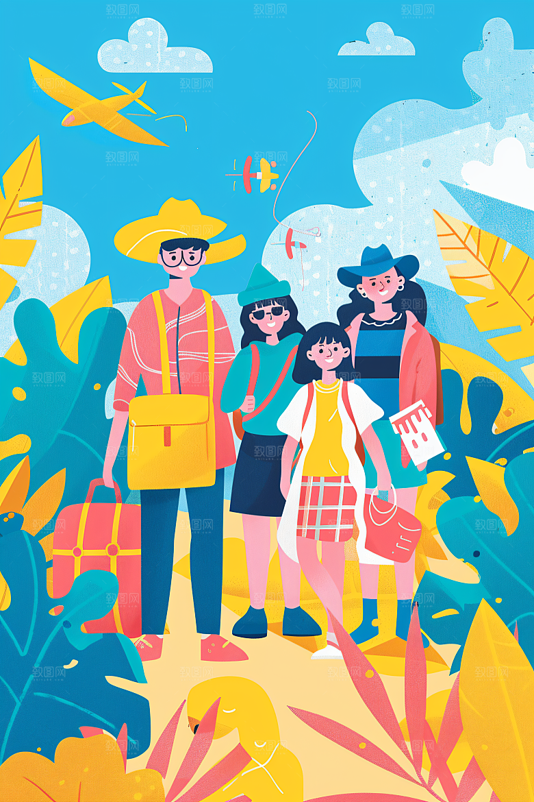 扁平风旅游休闲自由行插画