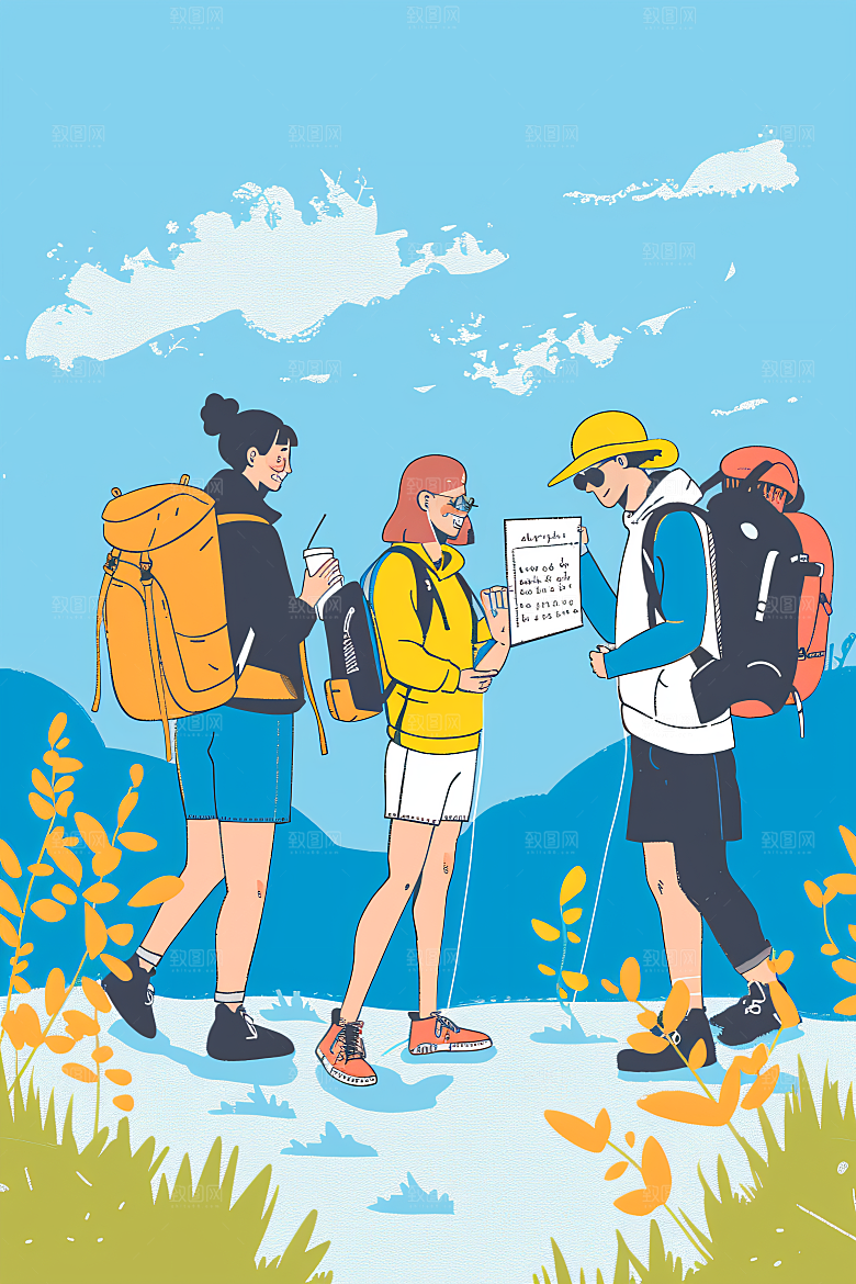 扁平风旅游自由行山野插画