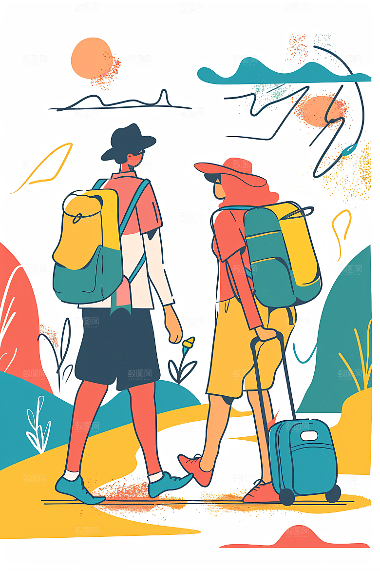 扁平风旅游踏青山野插画