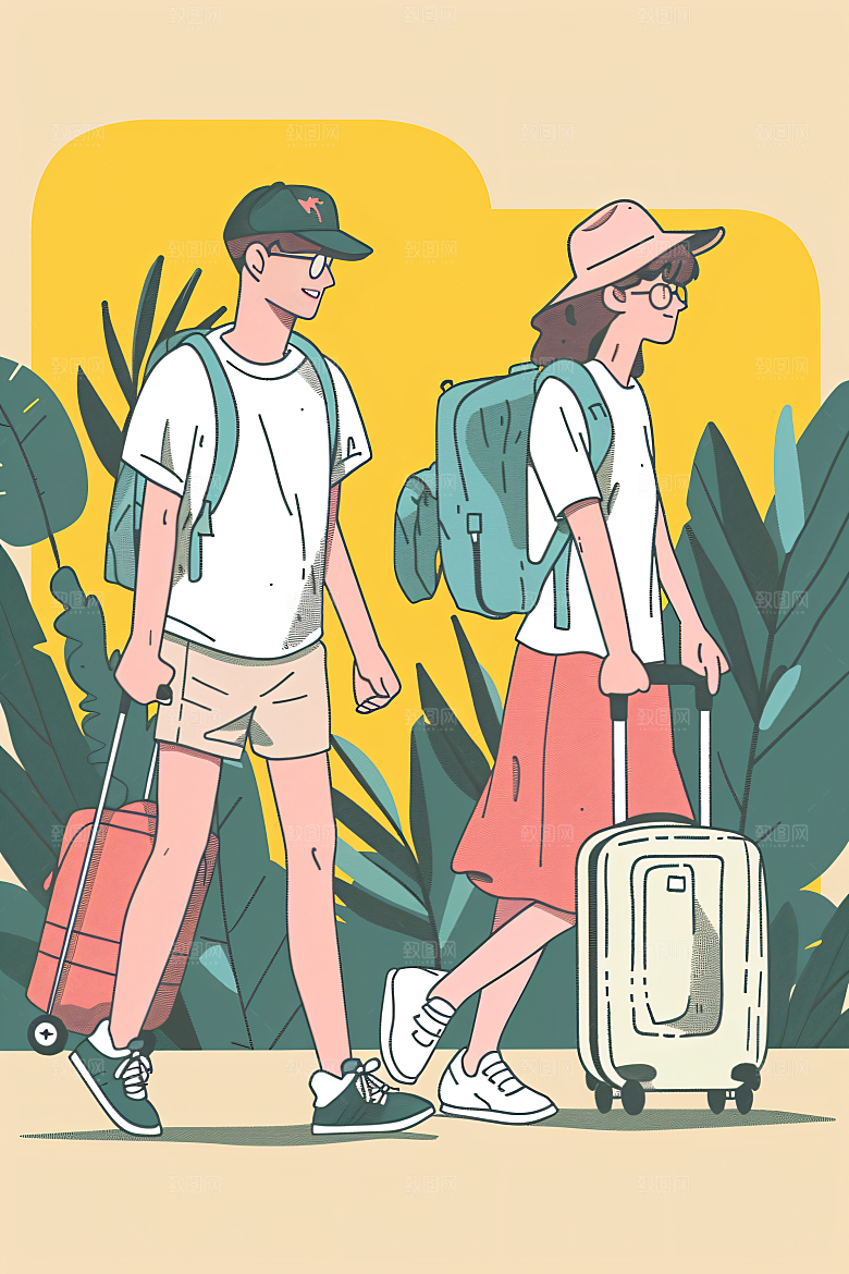 扁平风旅游踏青山野插画