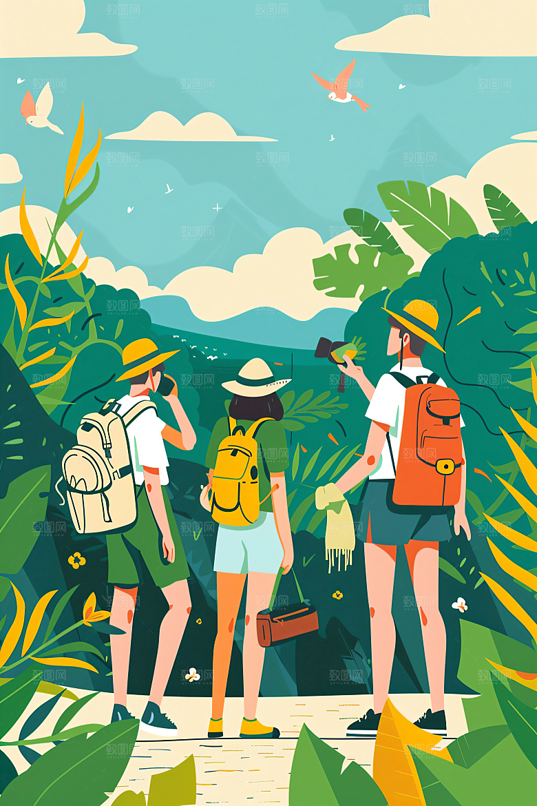 扁平风旅游简约露营插画