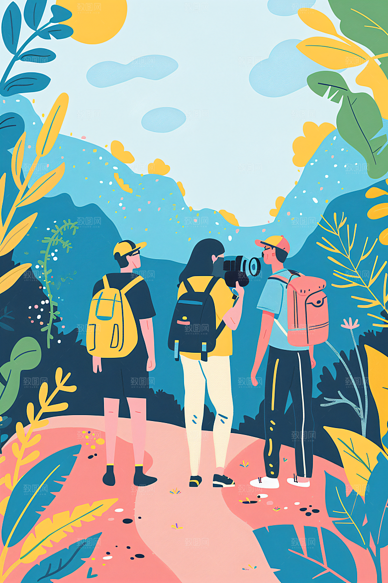 扁平风旅游徒步简约插画