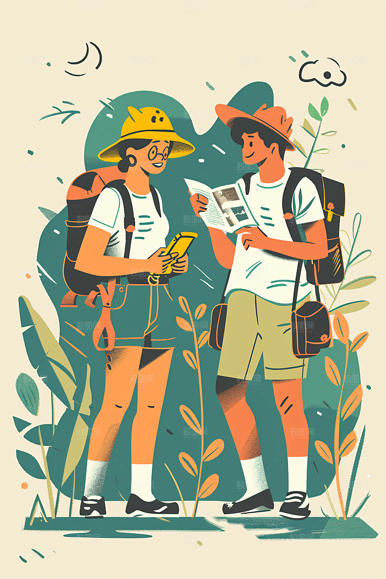 扁平风旅游彩色氛围感插画