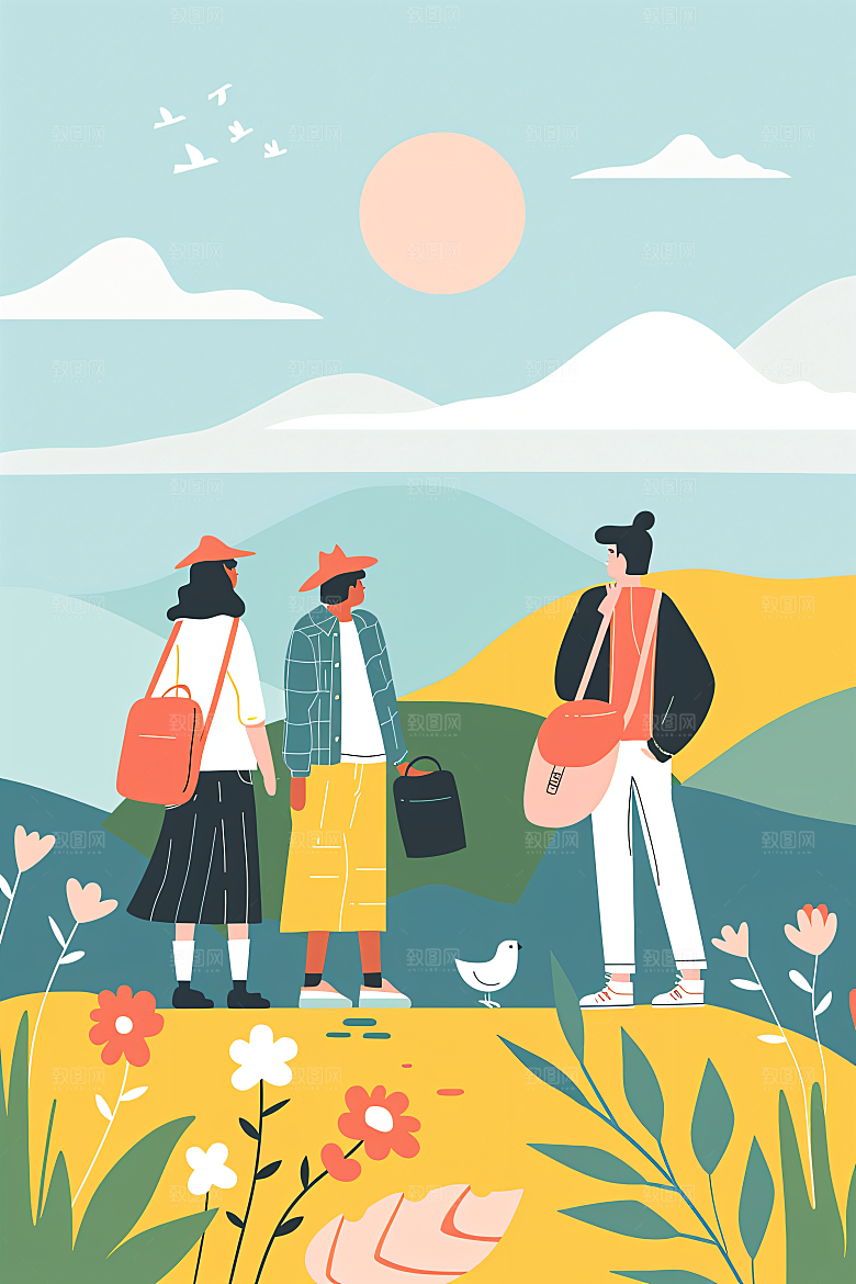 扁平风旅游简约自由行插画