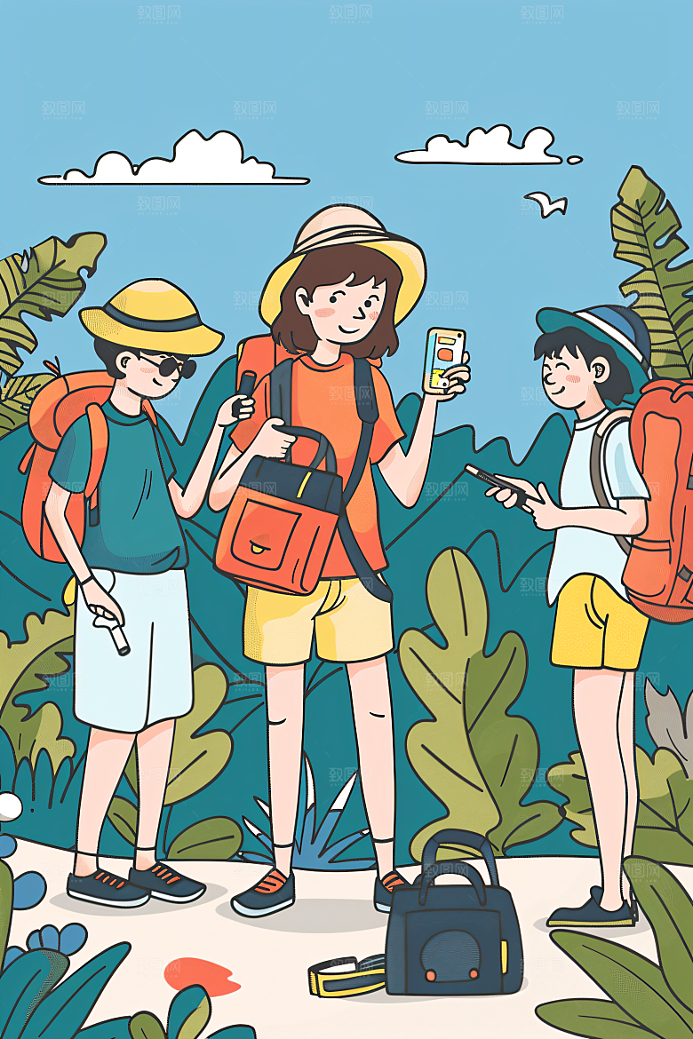 扁平风旅游自由行徒步插画