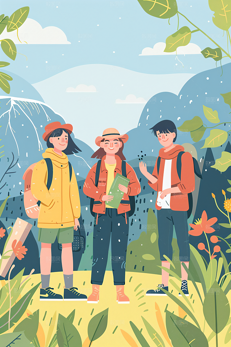 扁平风旅游简约山野插画