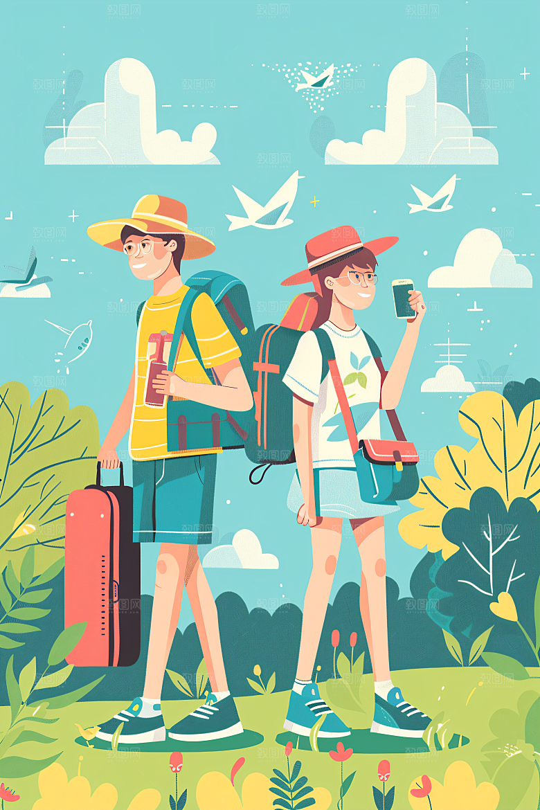 扁平风旅游露营踏青插画