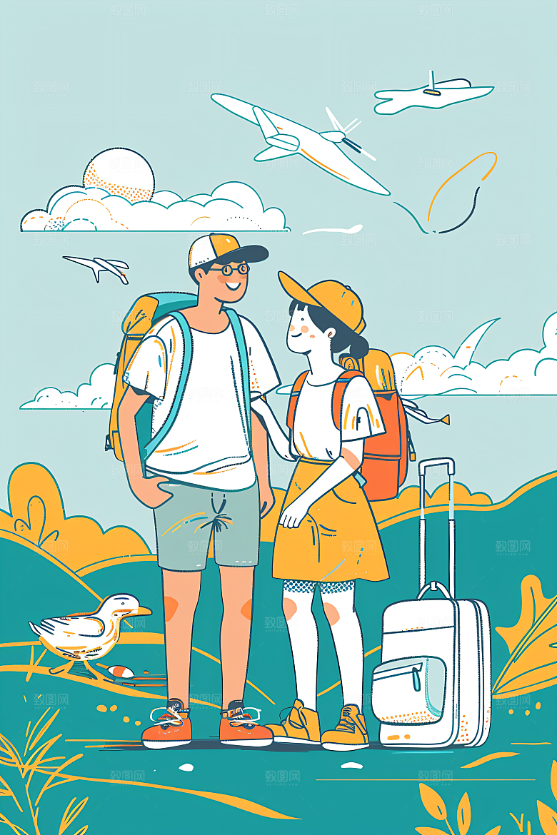 扁平风旅游手绘氛围感插画