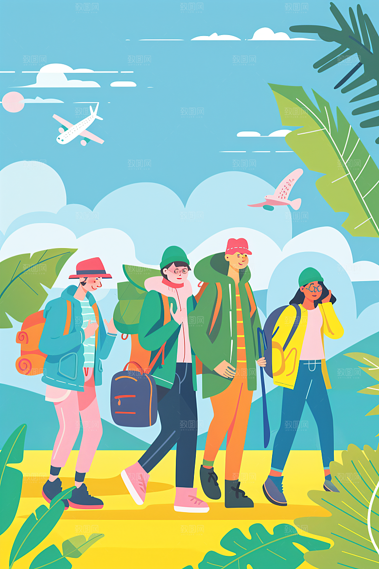扁平风旅游氛围感户外插画