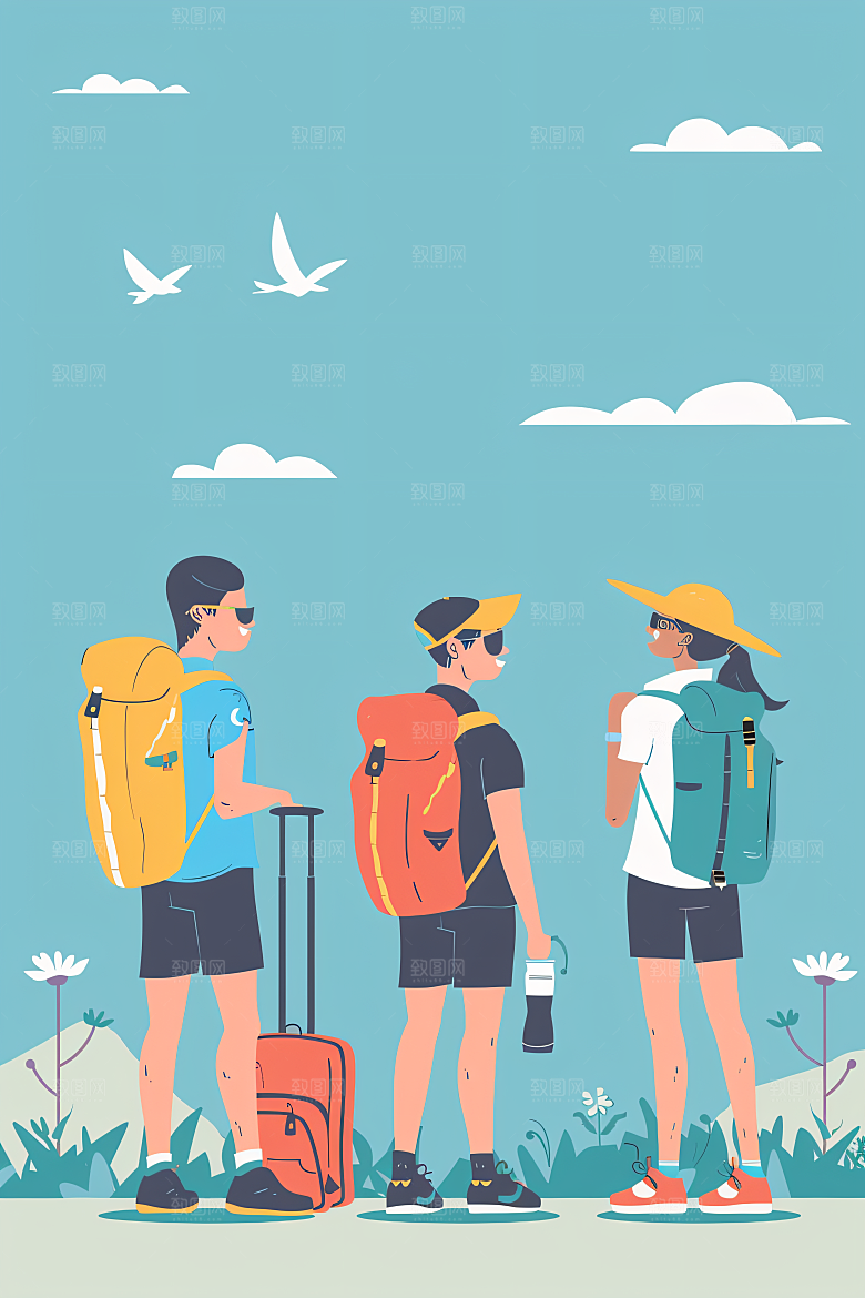 扁平风旅游露营自由行插画