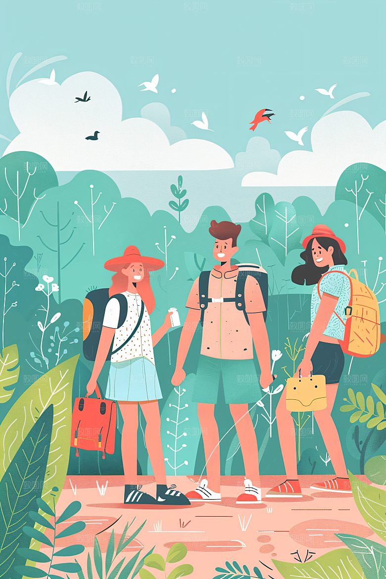 扁平风旅游彩色旅行插画