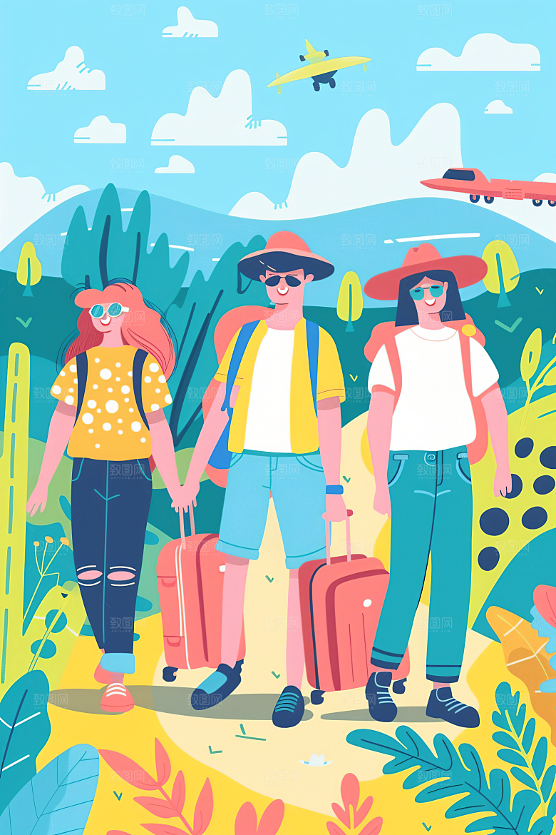 扁平风旅游手绘徒步插画