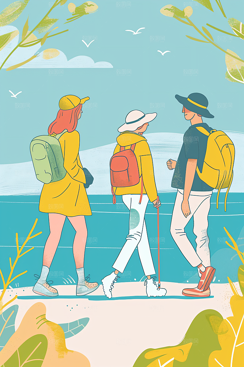 扁平风旅游清新旅行插画
