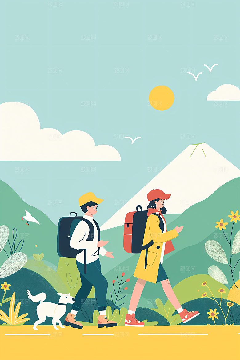 扁平风旅游踏青简约插画