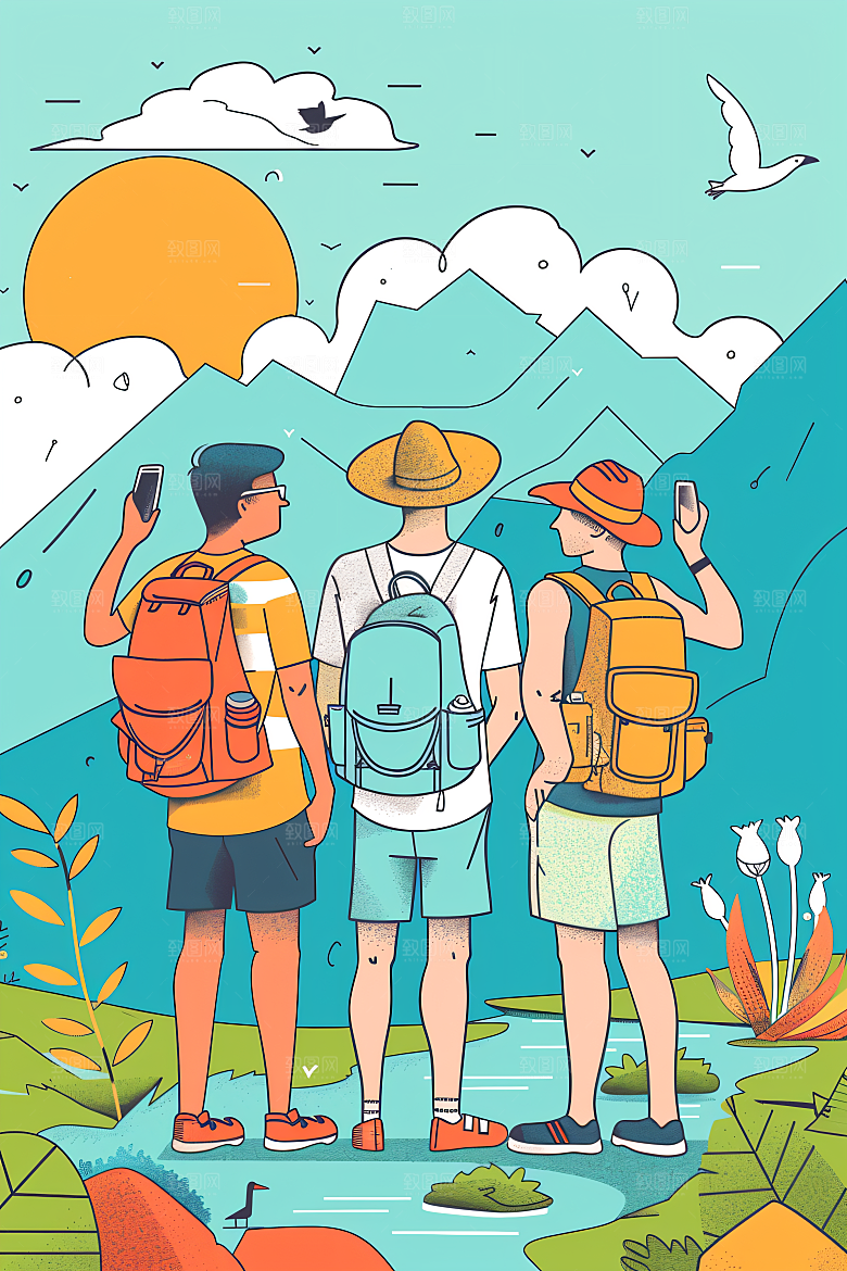 扁平风旅游踏青自然插画
