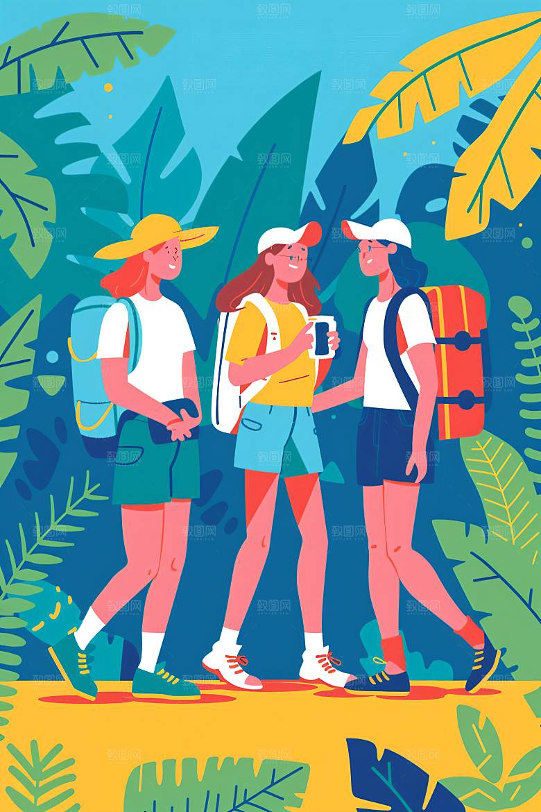 扁平风旅游踏青徒步插画
