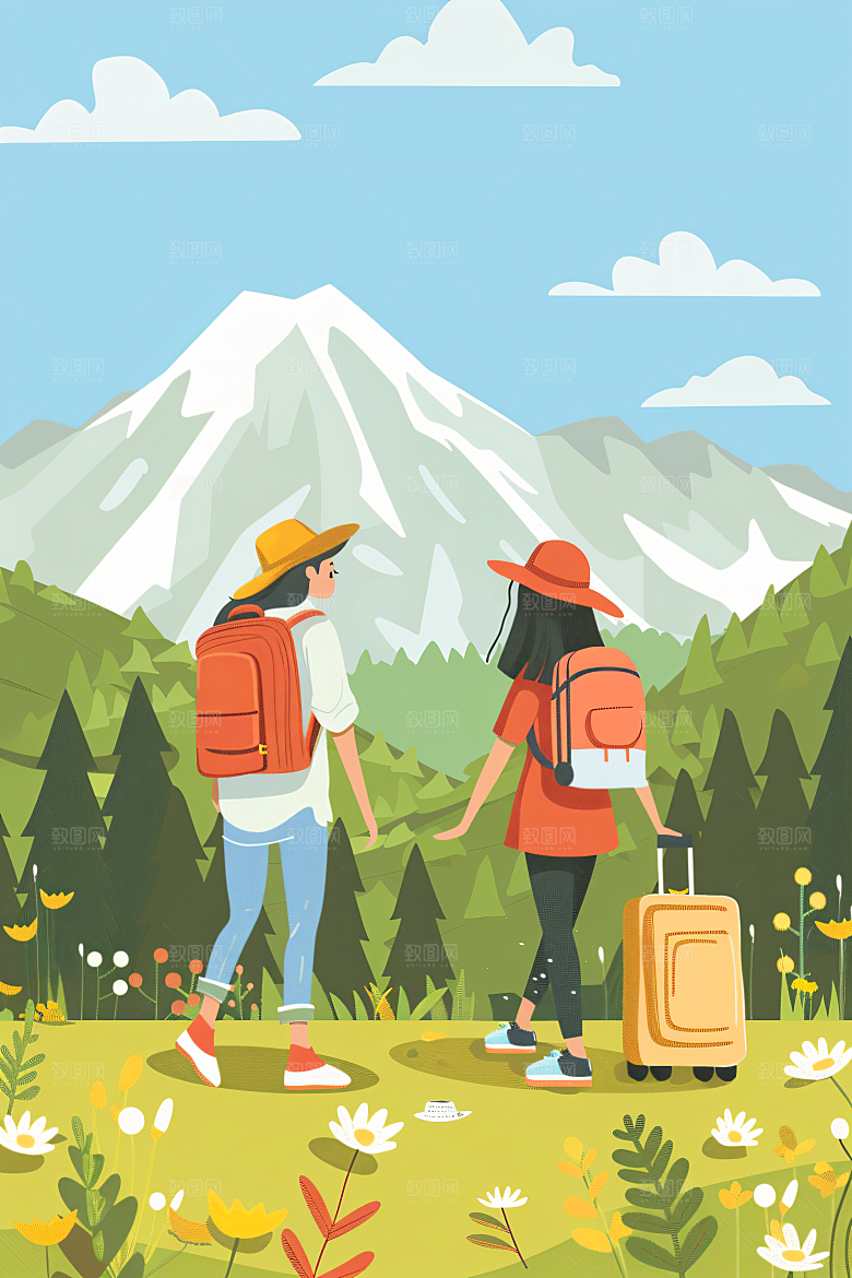 扁平风旅游清新山野插画