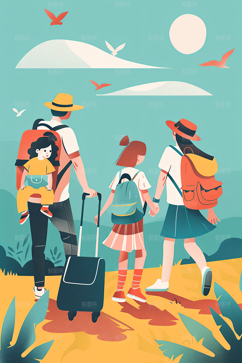 扁平风旅游徒步旅行插画
