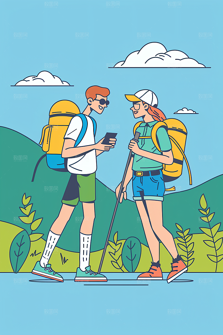 扁平风旅游露营旅行插画