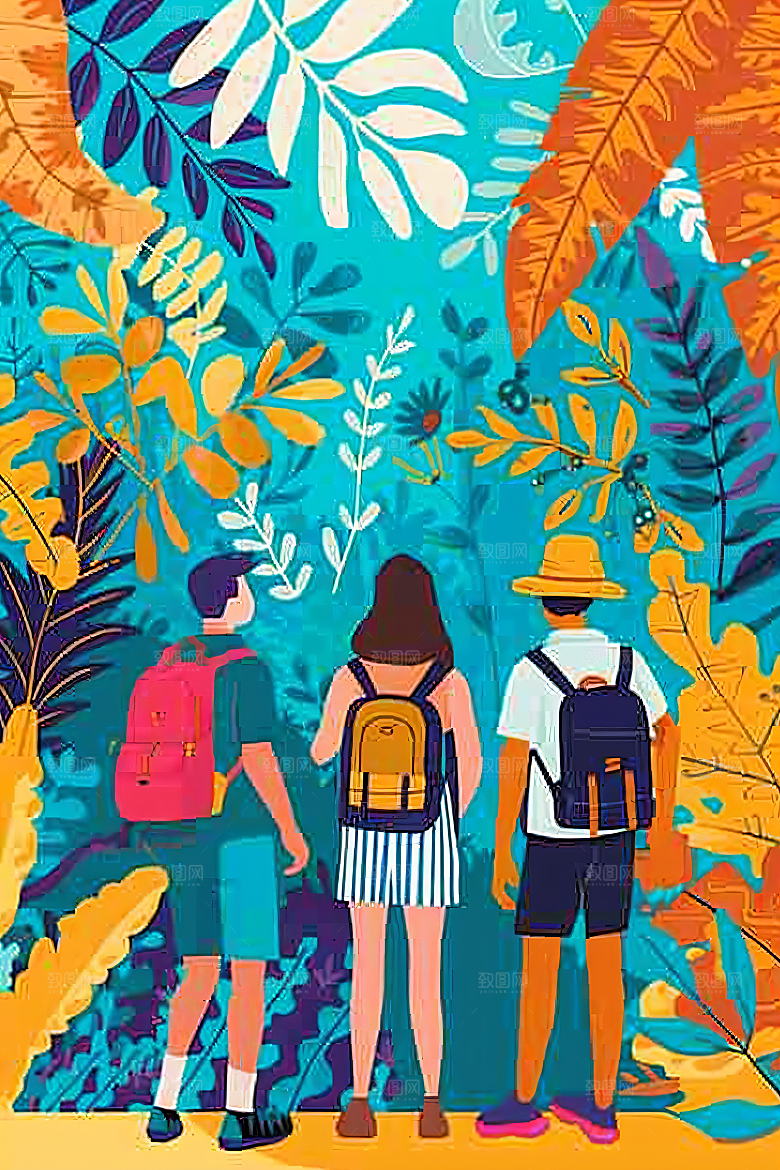 扁平风旅游清新徒步插画