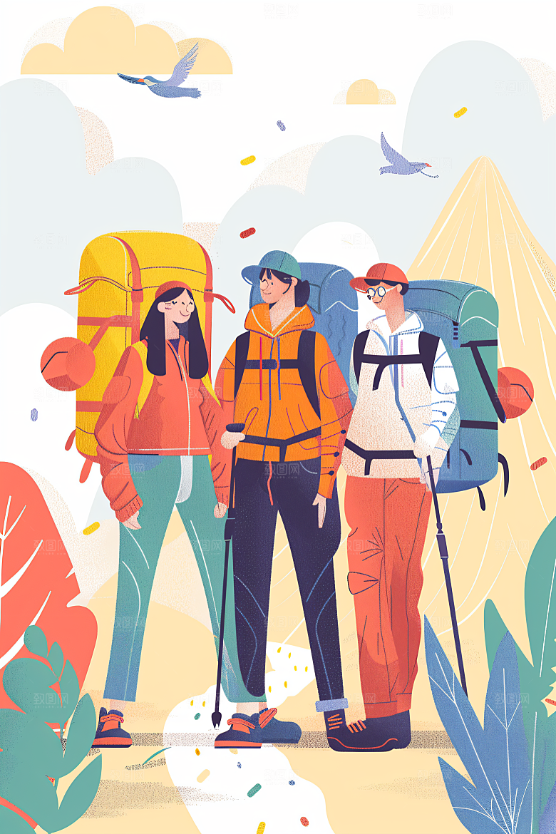 扁平风旅游徒步自然插画