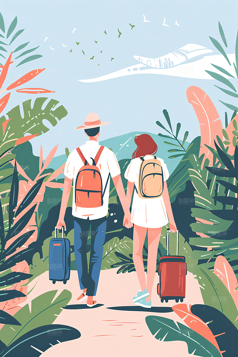 扁平风旅游徒步自然插画