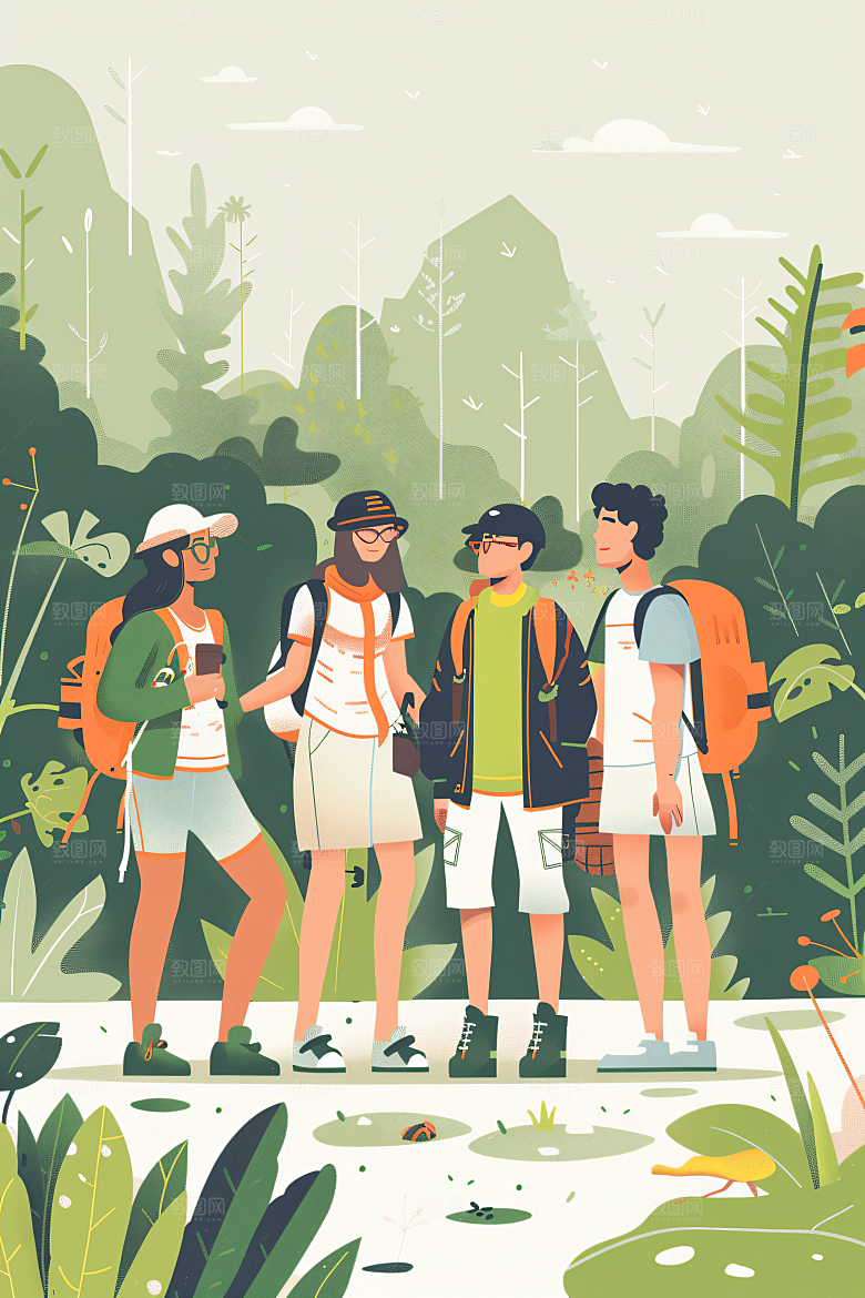 扁平风旅游氛围感自然插画