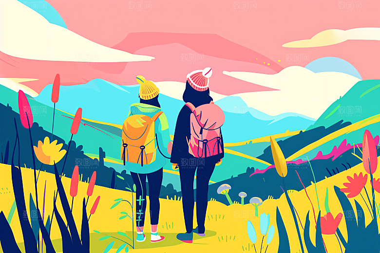 扁平风旅游露营简约插画