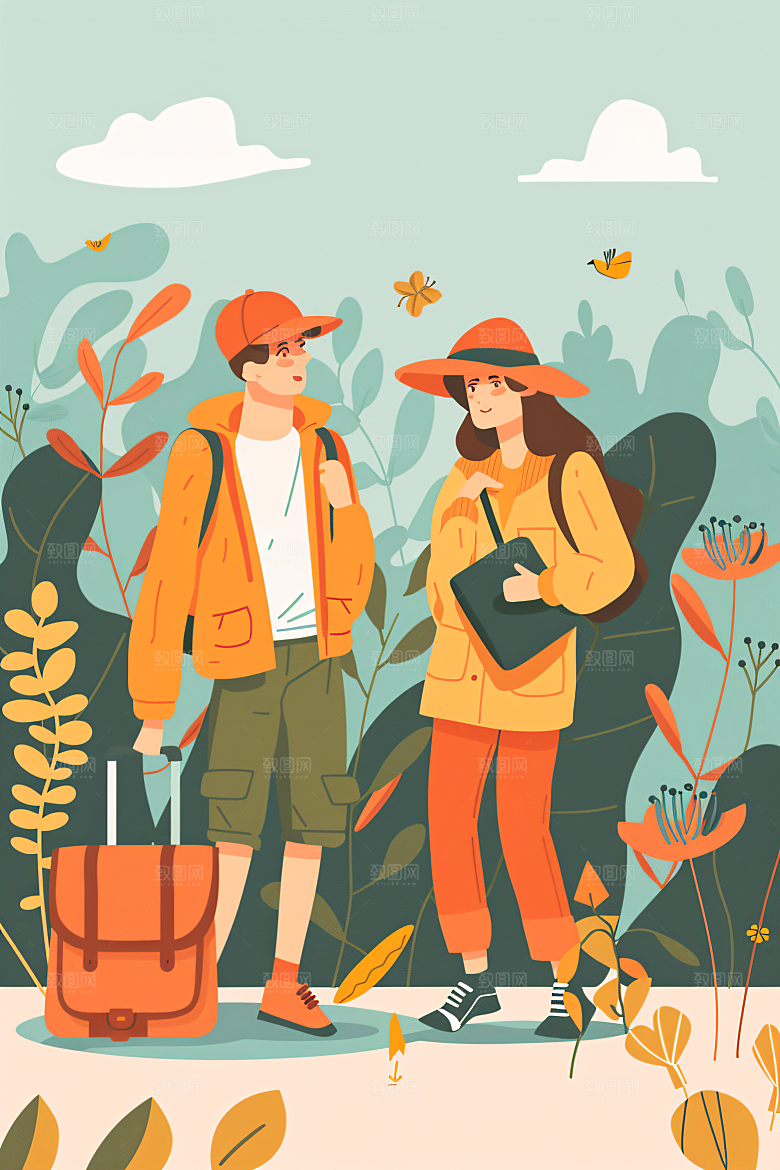扁平风旅游露营简约插画