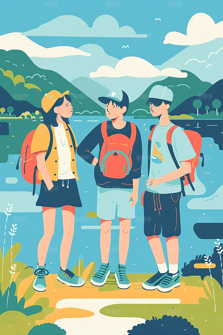扁平风旅游简约清新插画