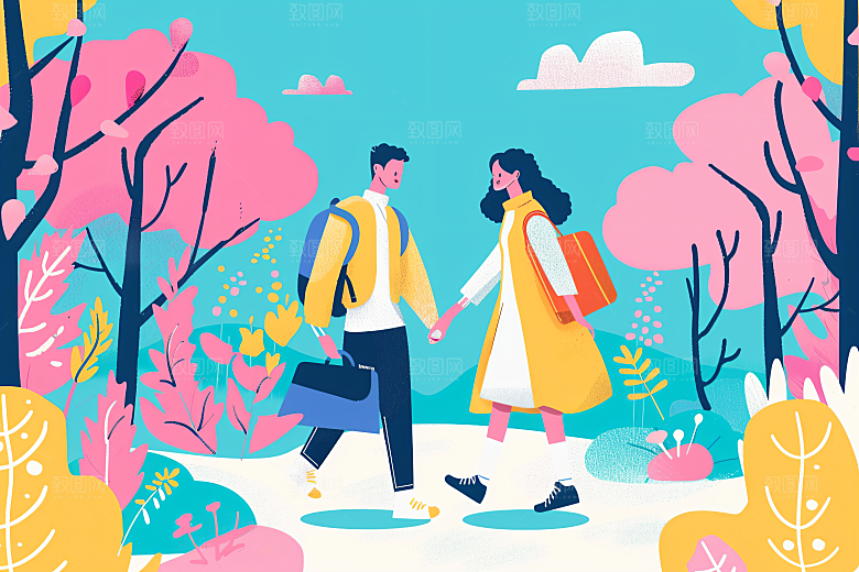 扁平风旅游露营氛围感插画
