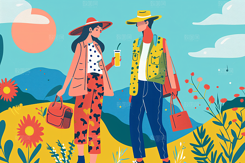 扁平风旅游踏青氛围感插画