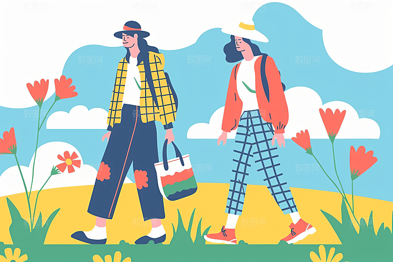 扁平风旅游清新彩色插画