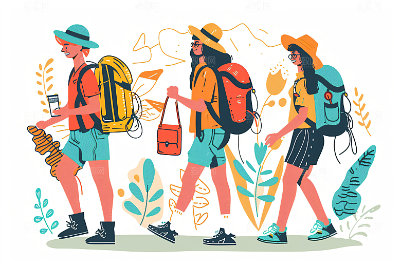扁平风旅游踏青简约插画