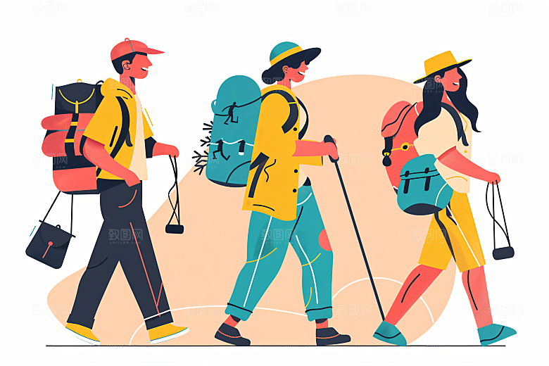 扁平风旅游徒步山野插画