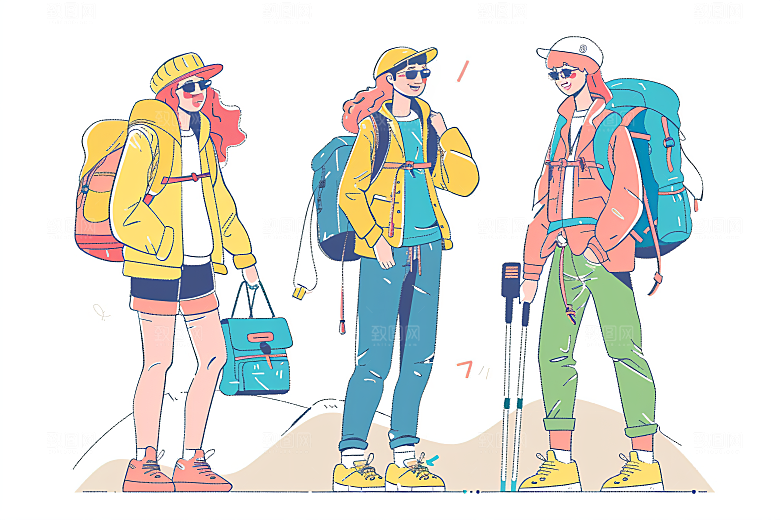 扁平风旅游山野徒步插画