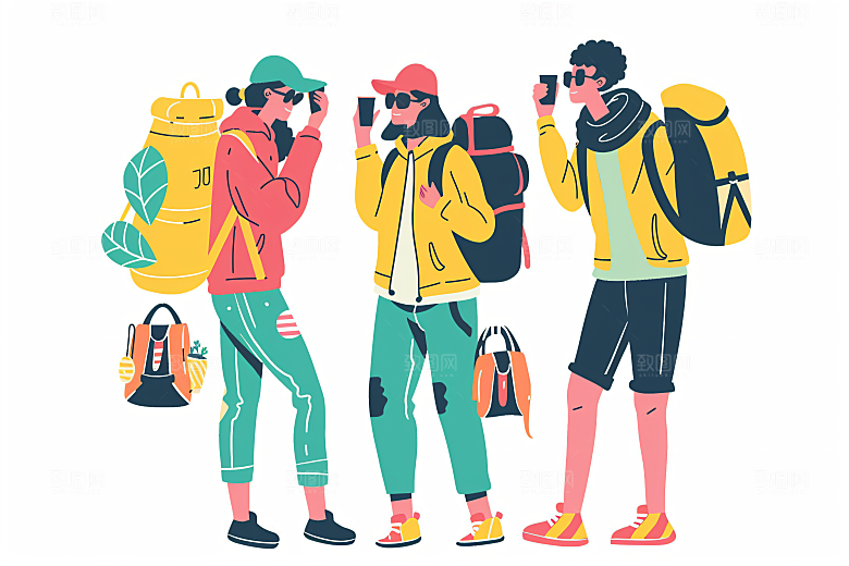 扁平风旅游自由行清新插画