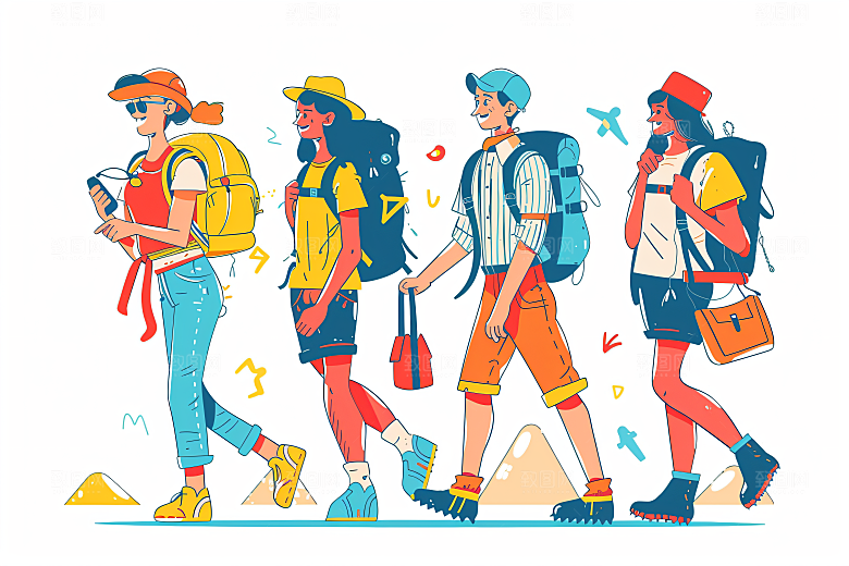 扁平风旅游徒步手绘插画