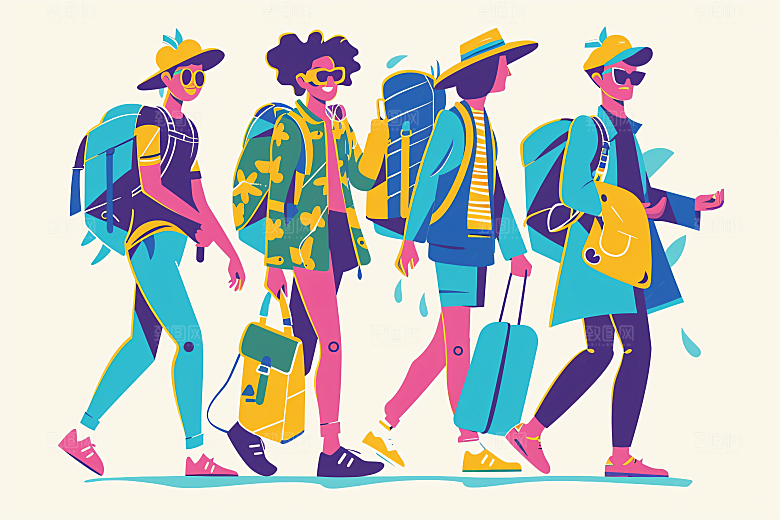 扁平风旅游自由行手绘插画