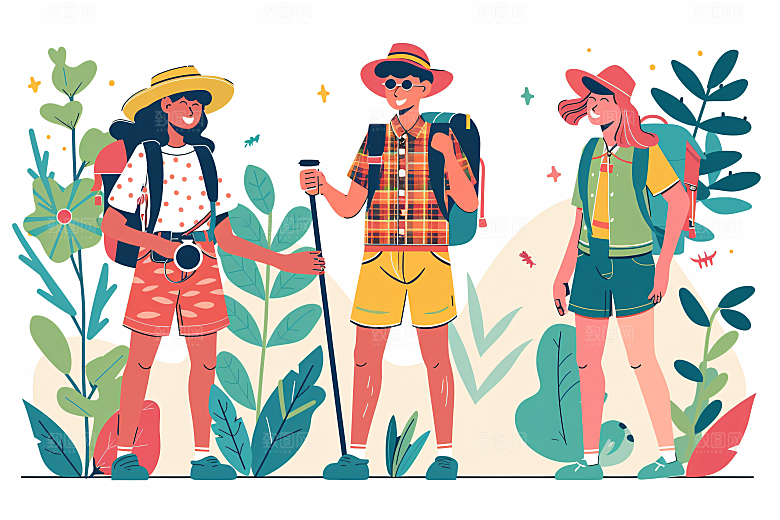 扁平风旅游自由行清新插画
