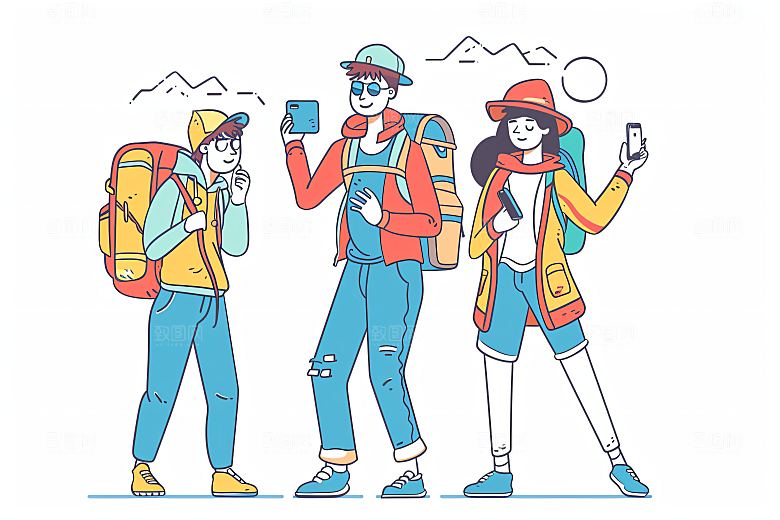 扁平风旅游徒步自由行插画