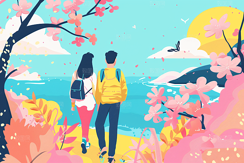 扁平风旅游自由行休闲插画