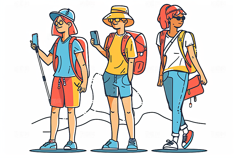 扁平风旅游氛围感徒步插画