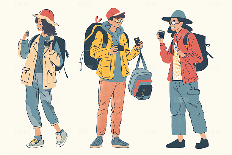 扁平风旅游清新自由行插画