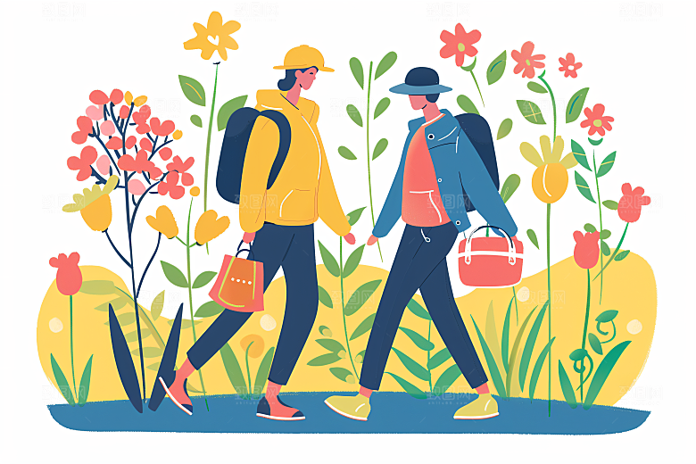 扁平风旅游山野踏青插画